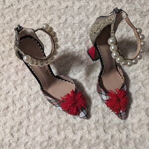 Betset JoHNsoNPlaid Pointed-Toe Heels with Red Beaded Pom Detail
